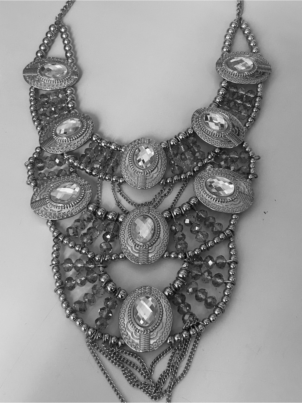 Statement Multi-Tier Bib Necklace in Silver with Clear Crystals